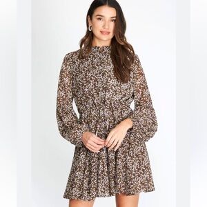 She + Sky Brown Ruffled Tiered Bishop Sleeve Dress